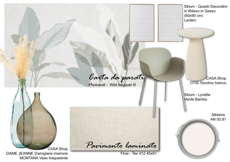 Studio Medico Reggio Calabria – Moodboard sala d'attesa proposta 2: carta da parati botanica Wild Bouquet, pavimento laminato e sedute verde bambù