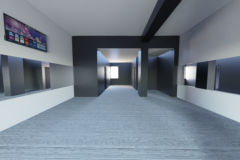 Palestra FITLAB Reggio Calabria – Render progettuale: sala allenamento con corridoio centrale, pareti scure e specchi
