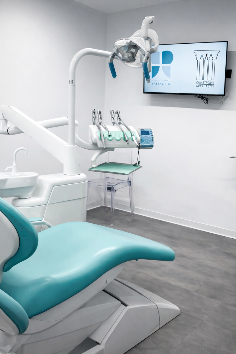Studio Dentistico Reggio Calabria – Realizzato: sala operatoria con poltrona turchese e monitor con brand identity Studio Battaglia