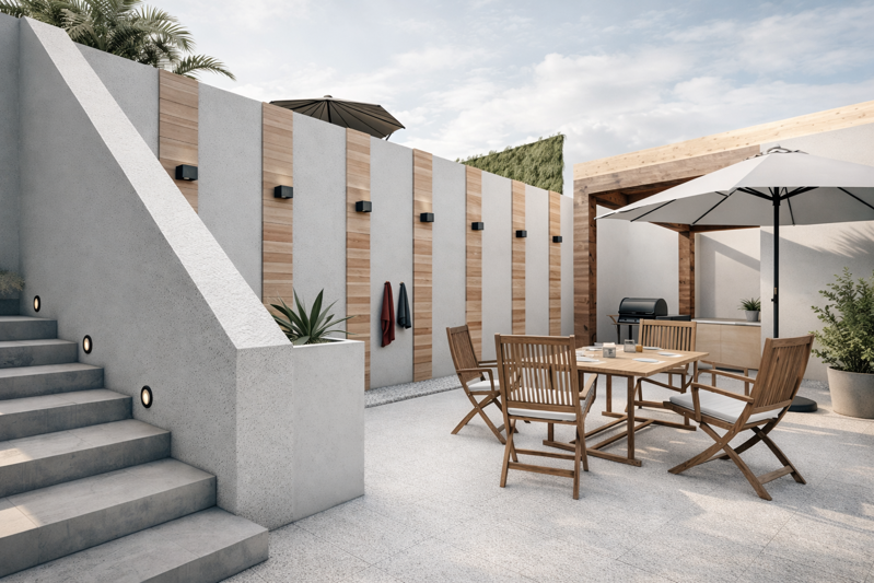 Spazio esterno con piscina a Reggio Calabria – Area pranzo outdoor con pergola in legno e pavimentazione in pietra