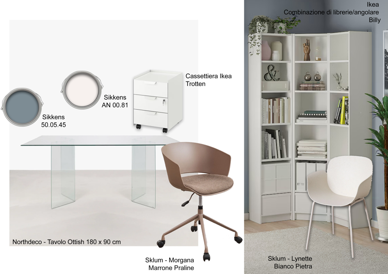 Studio Medico Reggio Calabria – Moodboard stanza visita proposta 1: tavolo in vetro Northdeco Ottish, sedute marrone praline e pittura blu ardesia Sikkens