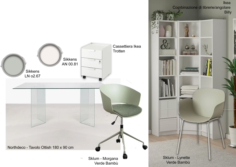 Studio Medico Reggio Calabria – Moodboard studio/visita proposta 2: tavolo in vetro Northdeco Ottish, sedute verde bambù e libreria Billy