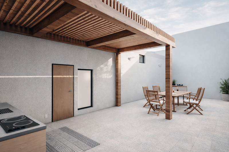 Spazio esterno con piscina a Reggio Calabria – Pergola in legno con cucina outdoor e area pranzo su pavimentazione in gres