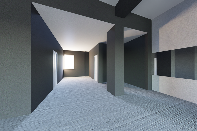 Palestra FITLAB Reggio Calabria – Render progettuale: zona corpo libero con volumi geometrici e luce naturale zenitale
