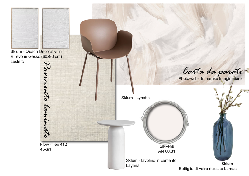 Studio Medico Reggio Calabria – Moodboard sala d'attesa proposta 1: carta da parati Photowall Immense Imaginations, seduta tortora e tavolino in cemento