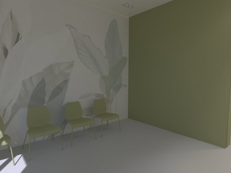 Studio Medico Reggio Calabria – Render sala d'attesa: carta da parati botanica, parete verde salvia e sedute coordinate