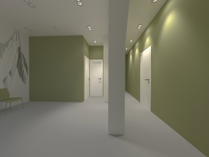 Studio Medico Reggio Calabria – Render corridoio distributivo: pareti verde salvia, illuminazione a faretti e porte bianche