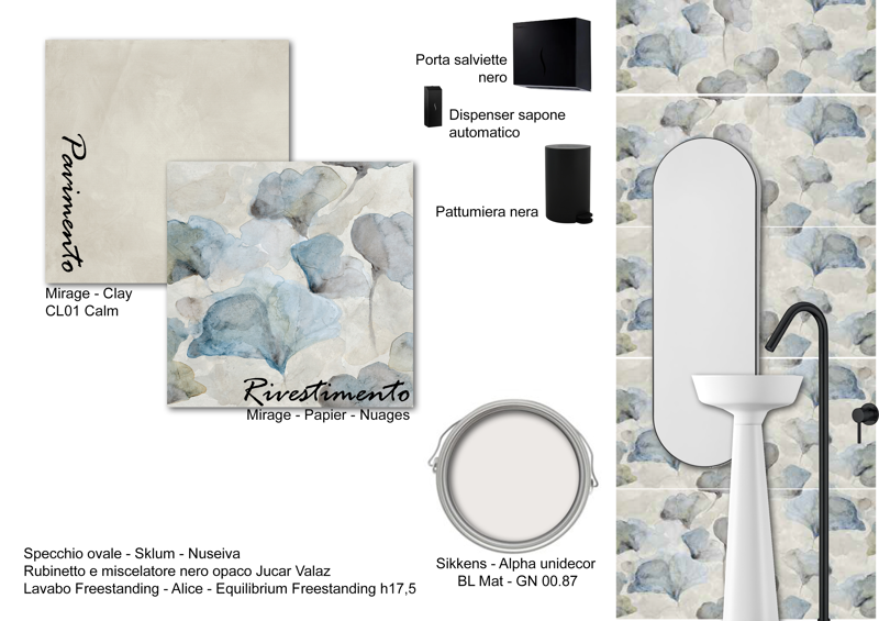 Studio Medico Reggio Calabria – Moodboard antibagno proposta 2: rivestimento Mirage Nuages, lavabo freestanding Alice ed accessori nero opaco