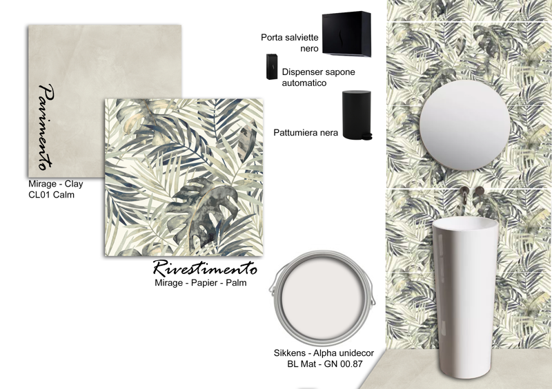 Studio Medico Reggio Calabria – Moodboard antibagno: gres effetto cemento, rivestimento botanico Mirage Palm e lavabo a colonna