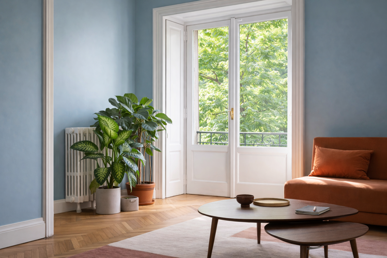 Luce naturale in soggiorno moderno con finestra e piante